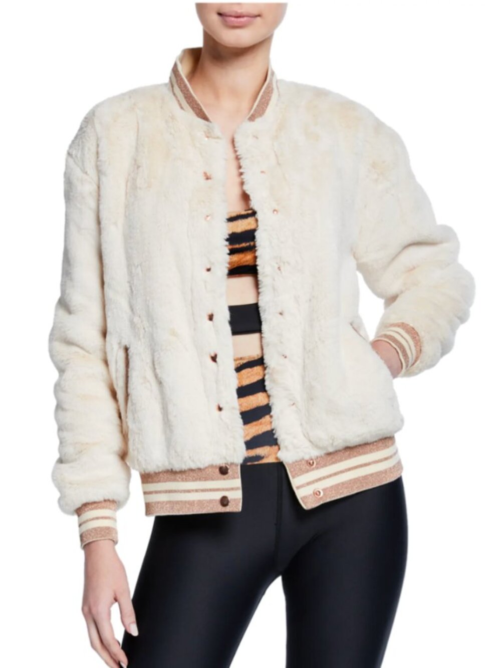 Beach Riot | Baseball Stripe Faux-Fur Bomber Jacket